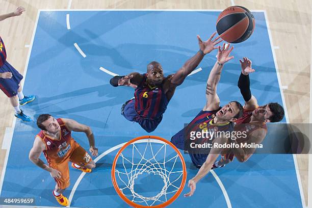 Joey Dorsey, #6 of FC Barcelona and Bostjan Nachbar, #34 in action during the Turkish Airlines Euroleague Basketball Play Off Game 1 between FC...
