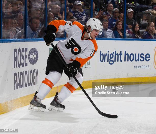 Tye McGinn of the Philadelphia Flyers skates against the Tampa Bay Lightning at the Tampa Bay Times Forum on April 10, 2014 in Tampa, Florida.