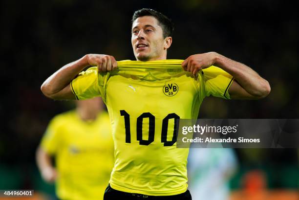 Borussia Dortmund's Robert Lewandowski scores the second goal during the DFB Cup Semi Final between Borussia Dortmund and VfL Wolfsburg at Signal...