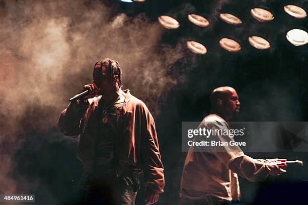 Travis Scott performs with Kanye West at FYF Fest 2015 at LA Sports Arena & Exposition Park on August 22, 2015 in Los Angeles, California.