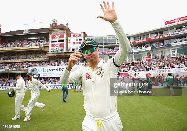 Michael Clarke and Chris Rogers of Australia walk onto the ground during their final test match during day four of the 5th Investec Ashes Test match...