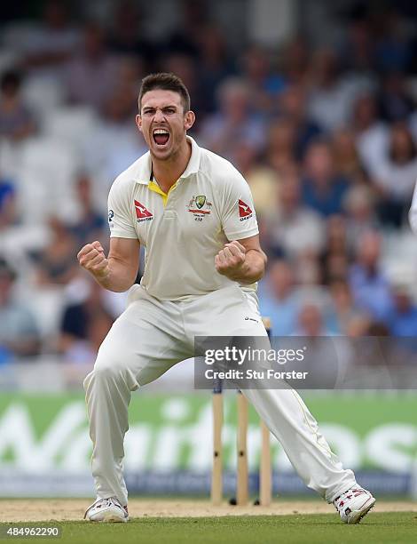 Australia bowler Mitchell Marsh celebrates after dismissing England batsman Jos Buttler during day four of the 5th Investec Ashes Test match between...