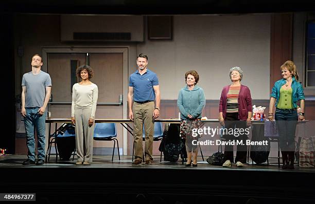 Cast members Matthew Barker, Angel Coulby, Lloyd Owen, Imelda Staunton, Susan Brown and Lorraine Ashbourne bow at the curtain call during the press...