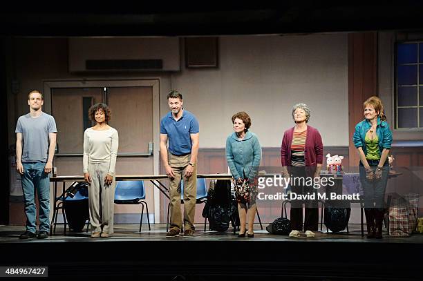 Cast members Matthew Barker, Angel Coulby, Lloyd Owen, Imelda Staunton, Susan Brown and Lorraine Ashbourne bow at the curtain call during the press...