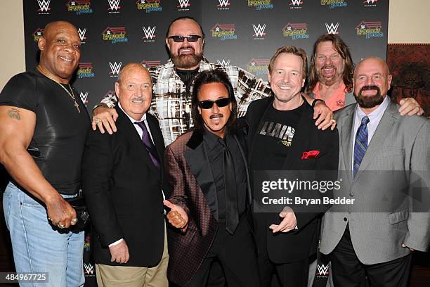 Cast members Tony Atlas, Gene Okerlund, Hillbilly Jim, Jimmy Hart, Rowdy Roddy Piper, "Hacksaw" Jim Duggan and Howard Finkel attend the WWE screening...