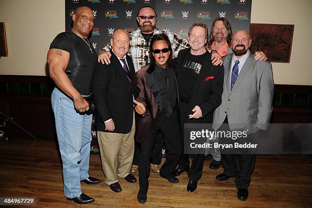 Cast members Tony Atlas, Gene Okerlund, Hillbilly Jim, Jimmy Hart, Rowdy Roddy Piper, "Hacksaw" Jim Duggan and Howard Finkel attend the WWE screening...