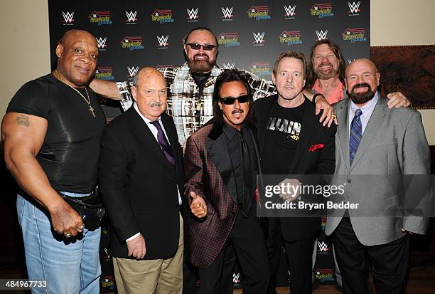 Cast members Tony Atlas, Gene Okerlund, Hillbilly Jim, Jimmy Hart, Rowdy Roddy Piper, "Hacksaw" Jim Duggan and Howard Finkel attend the WWE screening...