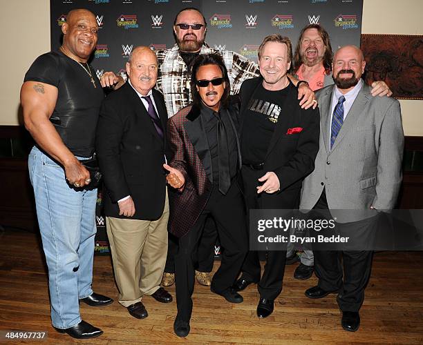 Cast members Tony Atlas, Gene Okerlund, Hillbilly Jim, Jimmy Hart, Rowdy Roddy Piper, "Hacksaw" Jim Duggan and Howard Finkel attend the WWE screening...