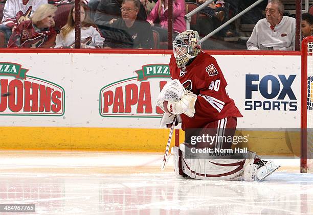 Mark Visentin of the Phoenix Coyotes makes his first NHL save against the San Jose Sharks at Jobing.com Arena on April 12, 2014 in Glendale, Arizona.