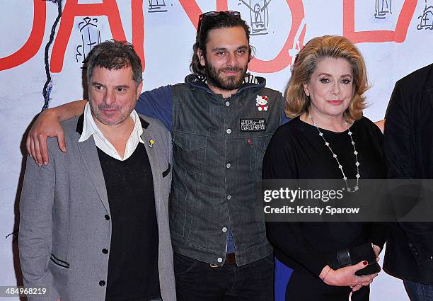 Pierre Salvadori, Pio Marmai and Catherine Deneuve attend the 'Dans La Cour' Paris Premiere at Mk2 Bibliotheque on April 15, 2014 in Paris, France.