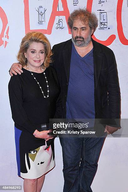 Catherine Deneuve and Gustave de Kervern attend the 'Dans La Cour' Paris Premiere at Mk2 Bibliotheque on April 15, 2014 in Paris, France.