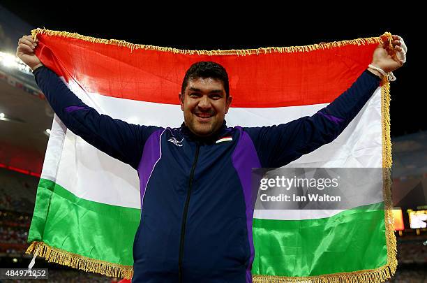 Silver medalist Dilshod Nazarov of Tajikistan celebrates after the Men's Hammer final during day two of the 15th IAAF World Athletics Championships...