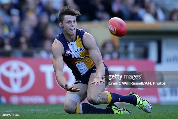 Callum Sinclair of the Eagles marks the ball during the round 21 AFL match between the West Coast Eagles and Western Bulldogs at Domain Stadium on...