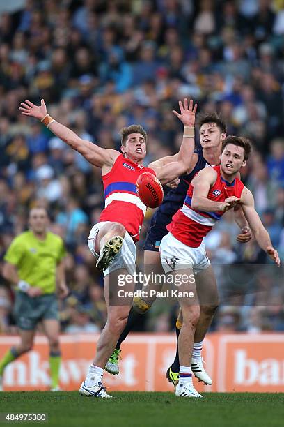 Michael Talia of the Bulldogs misses a mark during the round 21 AFL match between the West Coast Eagles and Western Bulldogs at Domain Stadium on...