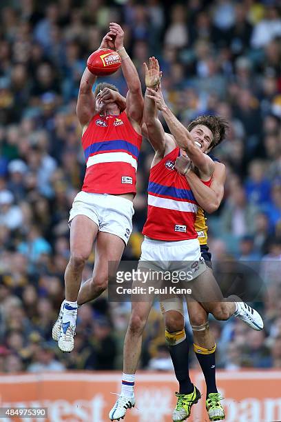 Michael Talia of the Bulldogs misses a mark during the round 21 AFL match between the West Coast Eagles and Western Bulldogs at Domain Stadium on...