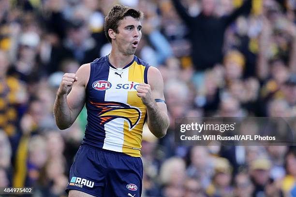 Jamie Cripps of the Eagles celebrates after scoring a goal during the round 21 AFL match between the West Coast Eagles and Western Bulldogs at Domain...