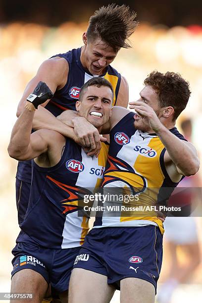 Murray Newman of the Eagles celebrates after scoring a goal during the round 21 AFL match between the West Coast Eagles and Western Bulldogs at...