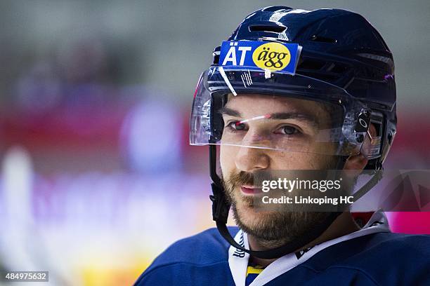 Linkoping HC's Garrett Roe during the Champions Hockey League group stage game between Linkoping HC and SC Bern on August 23, 2015 in Linkoping,...