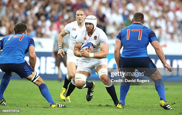 Dave Attwood of England runs with the ball during the International match between France and England at Stade de France on August 22, 2015 in Paris,...