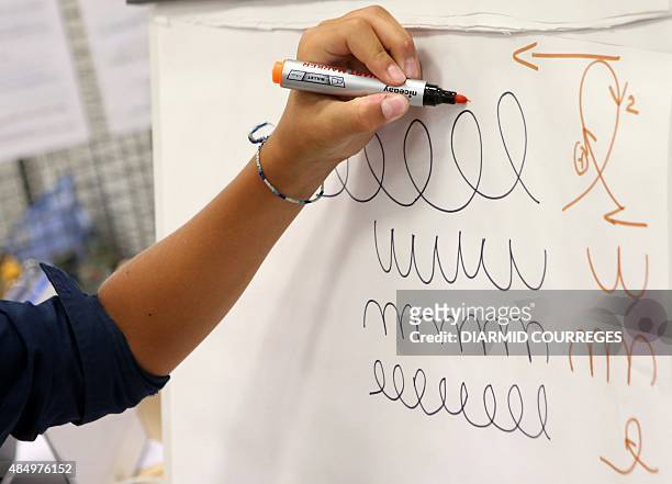 Person draws loops in the Salle du Pont du Buy in Brive-la Gaillarde, where writing and cooking workshops were organised and objets for the...