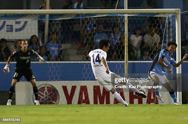 Takeshi Hamada of Tokushima Vortis scores his team's first goal during the J.League second division match between Jubilo Iwata and Tokushima Vortis...
