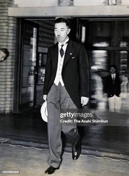 Prime Minister Fumimaro Konoe arrives at his office to attend a cabinet meeting on August 2, 1937 in Tokyo, Japan. Konoe was three time Prime...