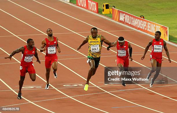 Justin Gatlin of the United States, Tyson Gay of the United States, Usain Bolt of Jamaica, Mike Rodgers of the United States and Trayvon Bromell of...