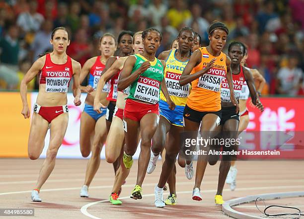 Dawit Seyaum of Ethiopia and Sifan Hassan of the Netherlands lead the pack the Women's 1500 metres semi-final during day two of the 15th IAAF World...