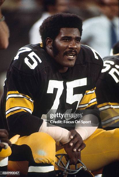 Joe Greene of the Pittsburgh Steelers looks on during an NFL football game circa 1972 at Three Rivers Front Stadium in Pittsburgh, Pennsylvania....