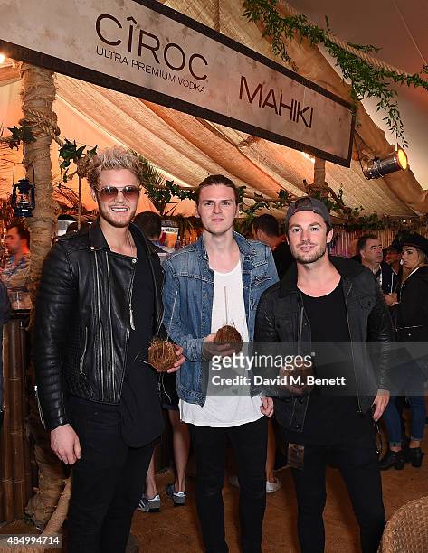 Joel Peat, Andy Brown and Adam Pitts of Lawson attend day 2 of CIROC & MAHIKI backstage at V Festival at at Hylands Park on August 23, 2015 in...