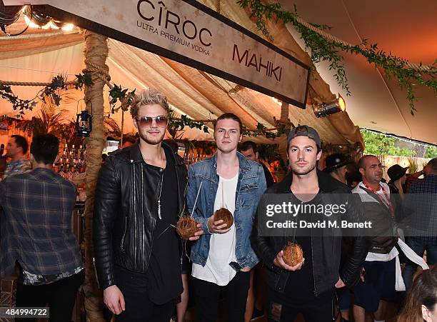 Joel Peat, Andy Brown and Adam Pitts of Lawson attend day 2 of CIROC & MAHIKI backstage at V Festival at at Hylands Park on August 23, 2015 in...