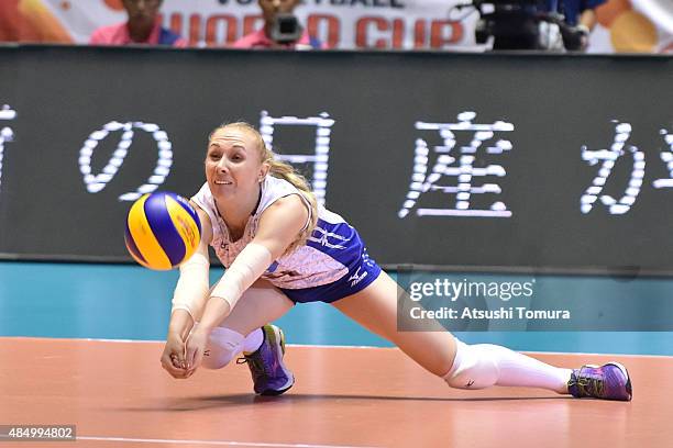 Anna Malova of Russia receives the ball in the match between Japan and Russia during the FIVB Women's Volleyball World Cup Japan 2015 at Yoyogi...