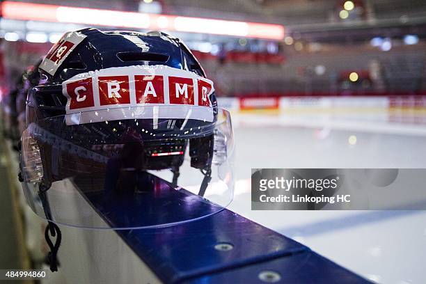 Helmet marked with a CRAMO logo before the Champions Hockey League group stage game between Linkoping HC and SC Bern on August 23, 2015 in Linkoping,...