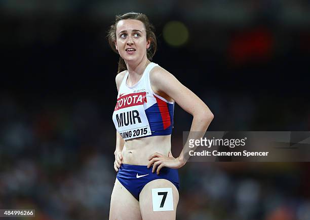 Laura Muir of Great Britain looks on after competing in the Women's 1500 metres semi-final the during day two of the 15th IAAF World Athletics...