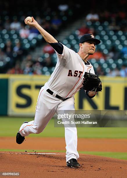 Lucas Harrell of the Houston Astros throws a pitch in the first inning against the Kansas City Royals at Minute Maid Park on April 15, 2014 in...