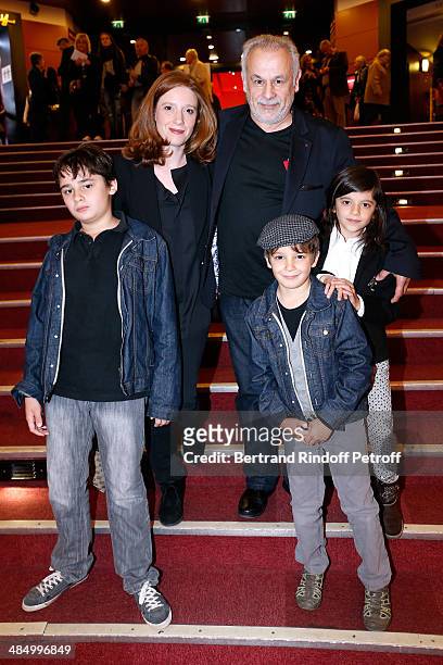 Francis Perrin, his wife Gersende and their children attend the Concert of 'Chico & The Gypsies' with 50 gypsy guitars at L'Olympia on April 15, 2014...