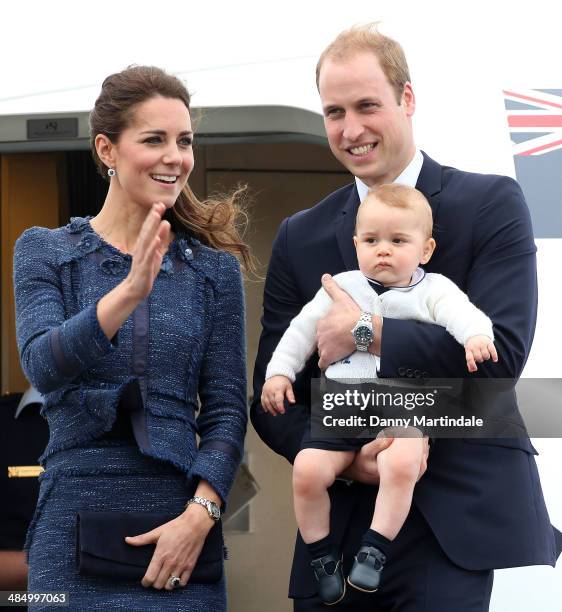 Catherine, Duchess of Cambridge, Prince William, Duke of Cambridge and Prince George of Cambridge depart Wellington Airport on April 16, 2014 in...