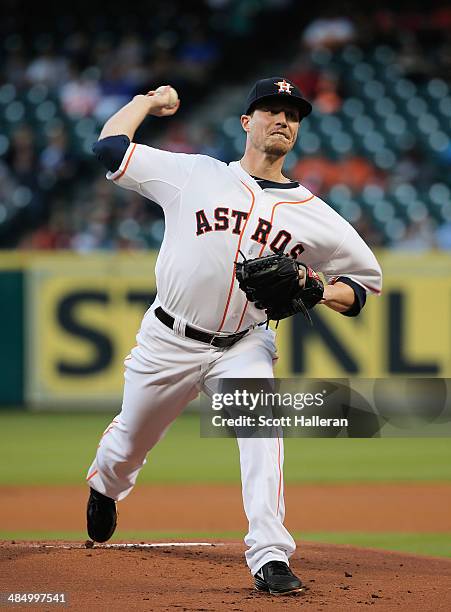 Lucas Harrell of the Houston Astros throws a pitch in the second inning against the Kansas City Royals at Minute Maid Park on April 15, 2014 in...