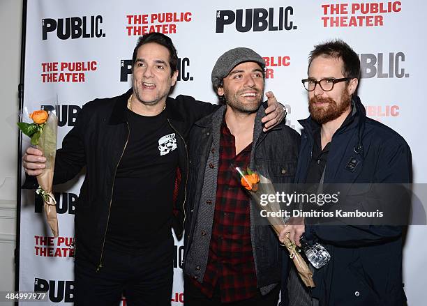 Actors Yul Vazquez, Oscar Isaac and Sam Rockwell attend "The Library" opening night celebration at The Public Theater on April 15, 2014 in New York...