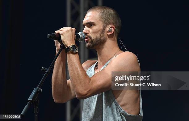 Andy Brown of Lawson performs on Day 2 of the V Festival at Hylands Park on August 23, 2015 in Chelmsford, England.