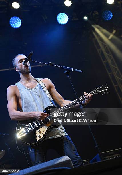 Andy Brown of Lawson performs on Day 2 of the V Festival at Hylands Park on August 23, 2015 in Chelmsford, England.