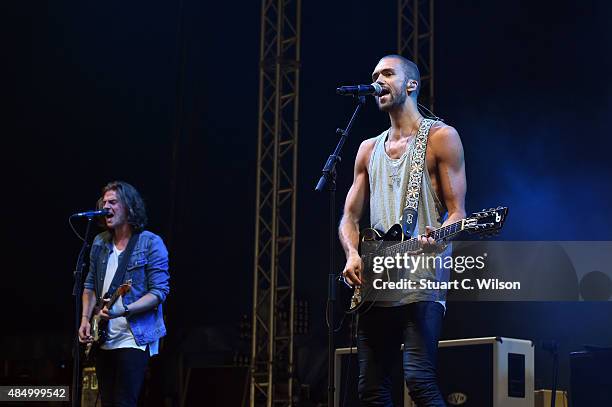 Joel Peat and Andy Brown of Lawson perform on Day 2 of the V Festival at Hylands Park on August 23, 2015 in Chelmsford, England.