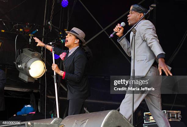 Pauline Black and Arthur 'Gaps' Hendrickson of The Selecter perform at Temple Island Meadows on August 23, 2015 in Henley-on-Thames, England.