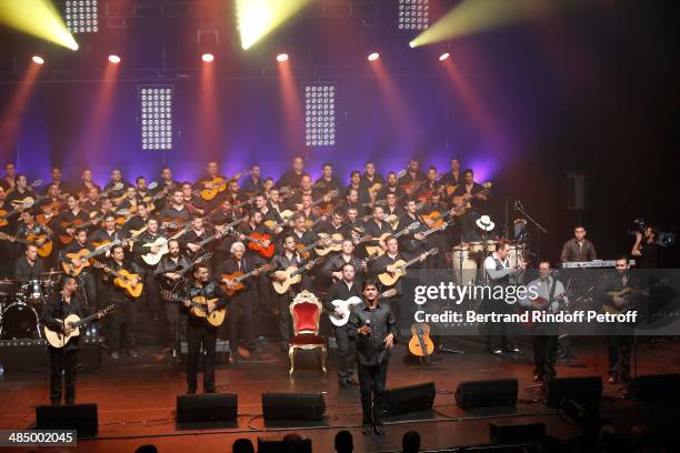Members of 'Chico & The Gypsies' : Babato, Joseph, Kema , Mounin, Chico and Kassaka perform whyle their Concert with 50 gypsy guitars at L'Olympia on...