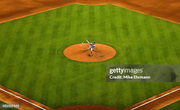 Stephen Strasburg of the Washington Nationals during a game at Marlins Park on April 15, 2014 in Miami, Florida. All uniformed team members are...