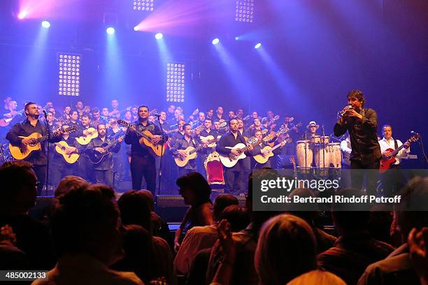 Members of 'Chico & The Gypsies' : Babato, Joseph, Kema , Mounin and Chico perform whyle their Concert with 50 gypsy guitars at L'Olympia on April...