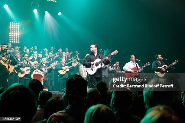 Members of 'Chico & The Gypsies' : Joseph, Kema , Chico and Kassaka perform whyle their Concert with 50 gypsy guitars at L'Olympia on April 14, 2014...