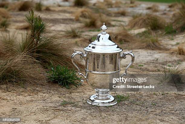 General view of the Men's and Women's U.S. Open trophies during the 2014 U.S. Open Preview Day at Pinehurst No. 2 on April 14, 2014 in Pinehurst,...