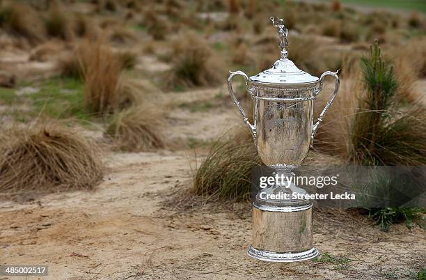 General view of the Men's and Women's U.S. Open trophies during the 2014 U.S. Open Preview Day at Pinehurst No. 2 on April 14, 2014 in Pinehurst,...