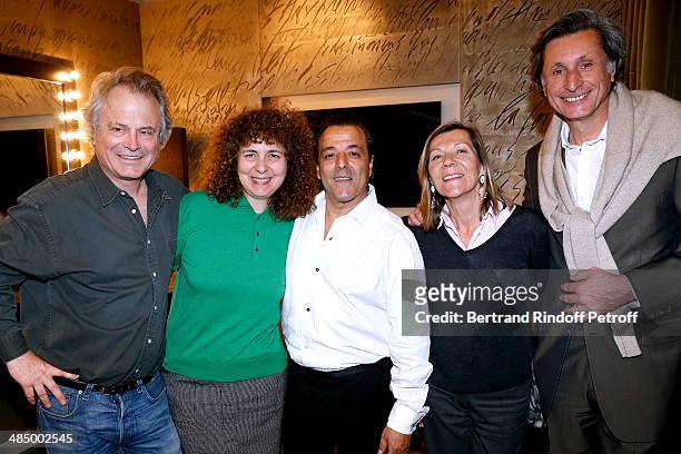 Scriptwriter Franz-Olivier Giesbert, his companion Valerie Toranian, Chico, journalist Patrick de Carolis and his wife Carol Ann pose backstage after...